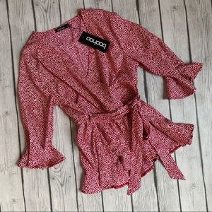 NWT Boohoo Red and white Polka Dot Wrap Shirt